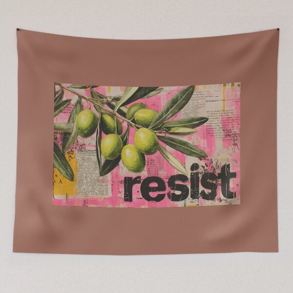 Item preview, Bold Resist Statement with Bright Green Olive Branches on Vivid Pink Background designed and sold by OlfactoART Studio.