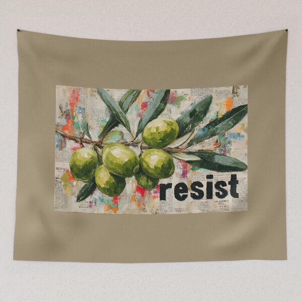 Item preview, Green Olive Branch Resist Artwork with Colorful Text Background and Bold Statement Design designed and sold by OlfactoART Studio.