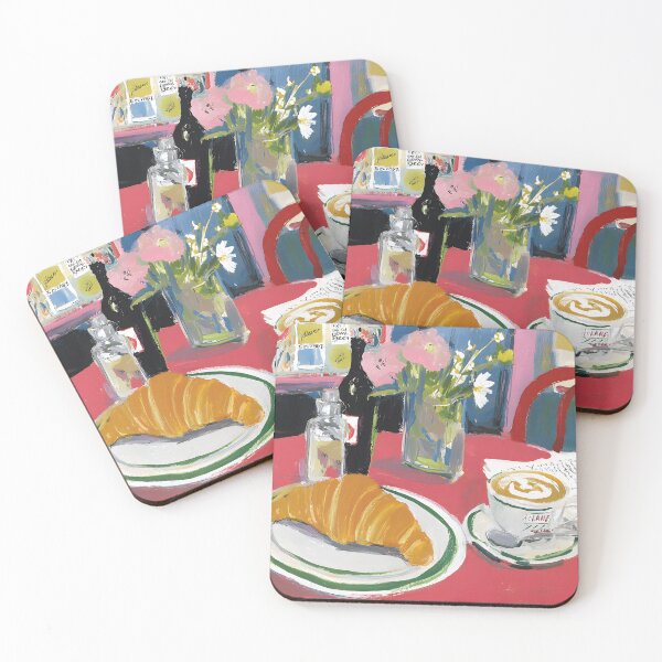 Item preview, Cozy Parisian Cafe Breakfast with Fresh Croissant and Cappuccino on Vibrant Red Table designed and sold by OlfactoART Studio.