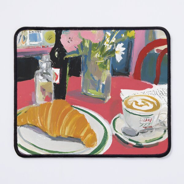 Item preview, Cozy Parisian Cafe Breakfast with Fresh Croissant and Cappuccino on Vibrant Red Table designed and sold by OlfactoART Studio.