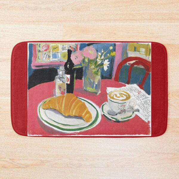 Item preview, Cozy Parisian Cafe Breakfast with Fresh Croissant and Cappuccino on Vibrant Red Table designed and sold by OlfactoART Studio.