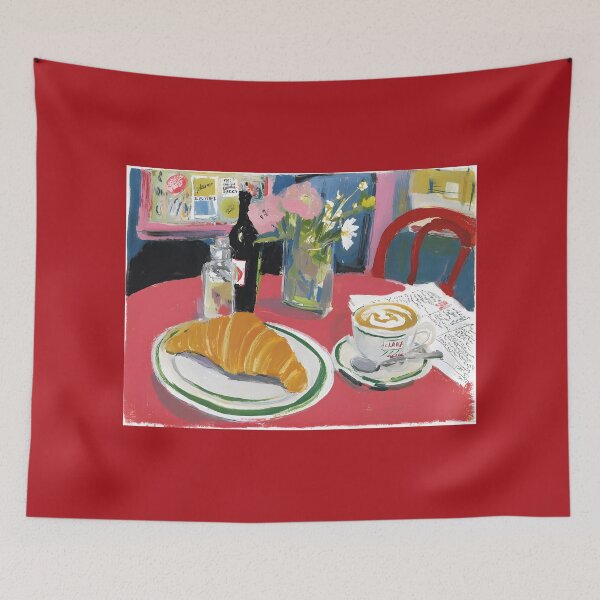 Item preview, Cozy Parisian Cafe Breakfast with Fresh Croissant and Cappuccino on Vibrant Red Table designed and sold by OlfactoART Studio.
