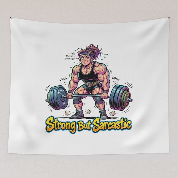 Item preview, Strong But Sarcastic – Funny Muscular Woman Weightlifting Cartoon Illustration designed and sold by YK SHOP.