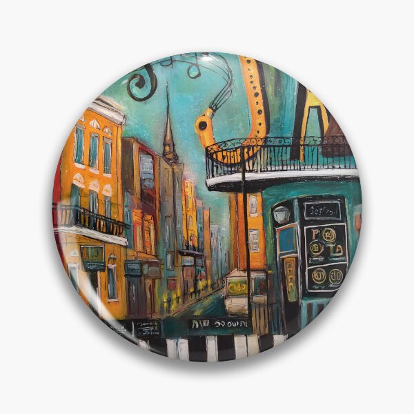 Item preview, Vibrant New Orleans Street Scene with Colorful Buildings, Jazz Sign and Piano Keyboard Motif designed and sold by OlfactoART Studio.