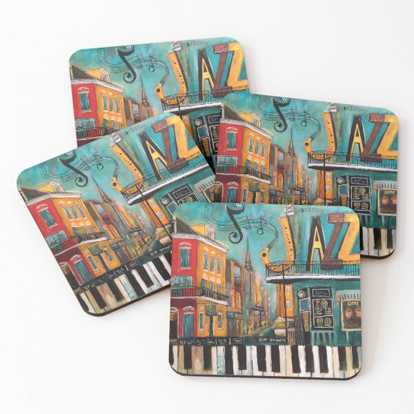Item preview, Vibrant New Orleans Street Scene with Colorful Buildings, Jazz Sign and Piano Keyboard Motif designed and sold by OlfactoART Studio.