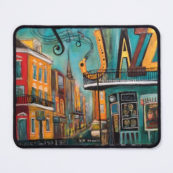Item preview, Vibrant New Orleans Street Scene with Colorful Buildings, Jazz Sign and Piano Keyboard Motif designed and sold by OlfactoART Studio.