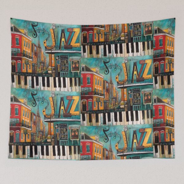 Item preview, Vibrant New Orleans Street Scene with Colorful Buildings, Jazz Sign and Piano Keyboard Motif designed and sold by OlfactoART Studio.