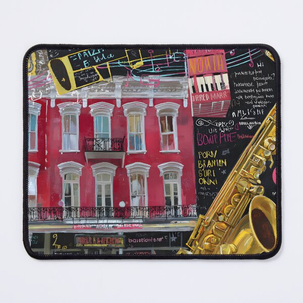 Item preview, New Orleans Vibrant Collage with Saxophone, Red Building and Classic Car in Musical Celebration designed and sold by OlfactoART Studio.