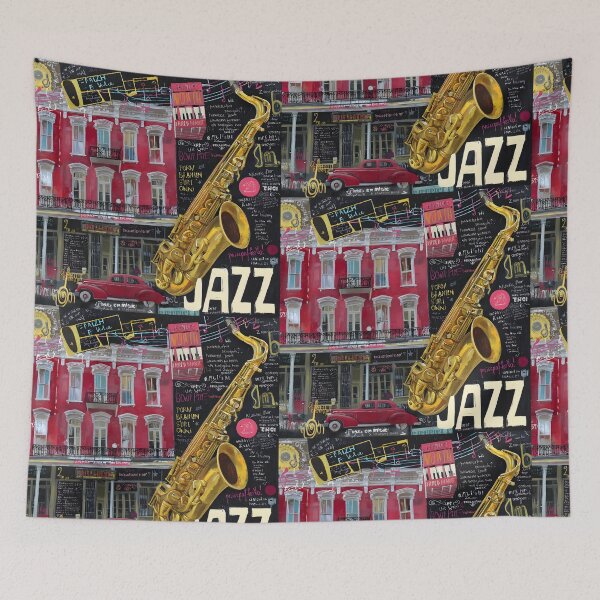 Item preview, New Orleans Vibrant Collage with Saxophone, Red Building and Classic Car in Musical Celebration designed and sold by OlfactoART Studio.