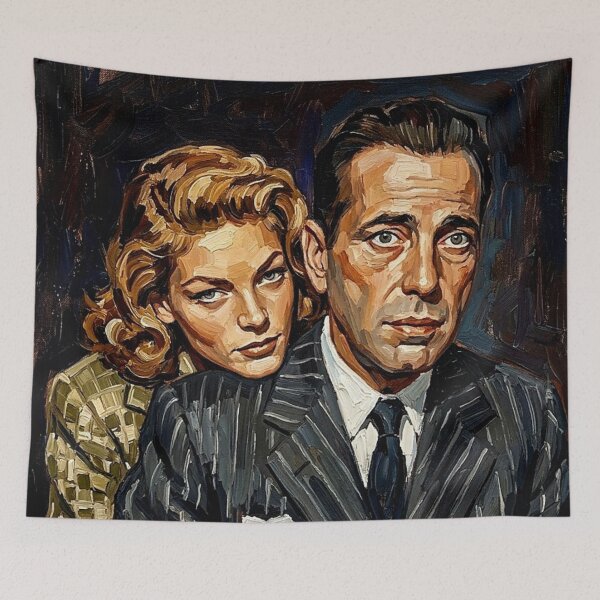 Item preview, The Noir Romance: Bogart and Bacall Pinstripe Impasto Portrait designed and sold by Art's Diner.