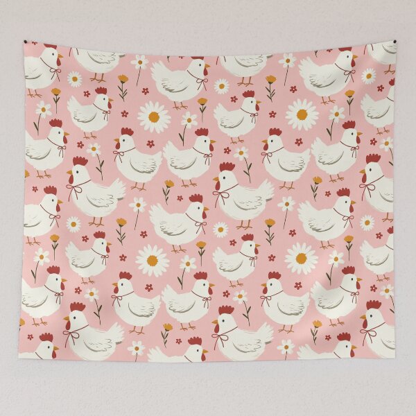 Artikelvorschau, Nahtloses Muster mit weißem Huhn und roter Schleife, Kawaii-Stil, Bauernhoftiere, Blumen, Frühlings entworfen und verkauft von FRH Design ⭐⭐⭐⭐⭐.