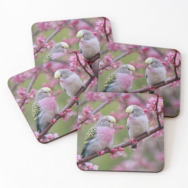 Item preview, "Colorful Companions: Budgerigars Amidst Red Blossoms" designed and sold by A-Work-Of-Art.