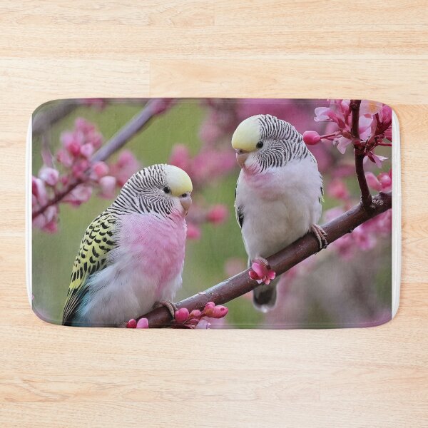 Item preview, "Colorful Companions: Budgerigars Amidst Red Blossoms" designed and sold by A-Work-Of-Art.