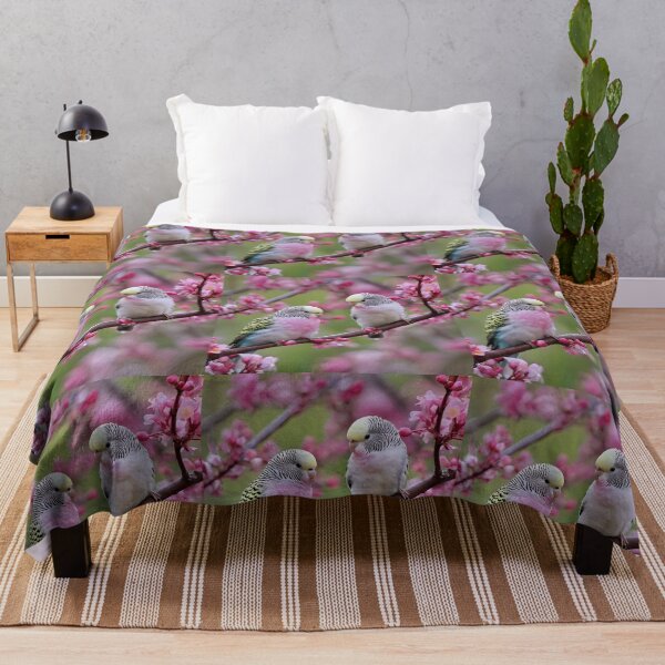 Item preview, "Colorful Companions: Budgerigars Amidst Red Blossoms" designed and sold by A-Work-Of-Art.