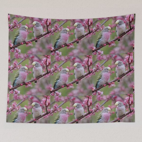 Item preview, "Colorful Companions: Budgerigars Amidst Red Blossoms" designed and sold by A-Work-Of-Art.