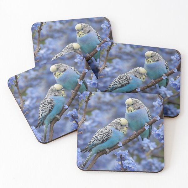 Item preview, "Tranquil Harmony: Blue and Yellow Budgies in a Blue Blossom Tree" designed and sold by A-Work-Of-Art.
