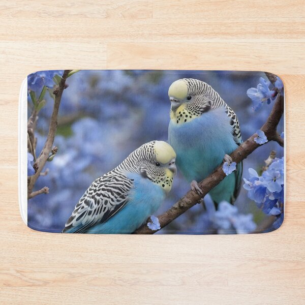 Item preview, "Tranquil Harmony: Blue and Yellow Budgies in a Blue Blossom Tree" designed and sold by A-Work-Of-Art.
