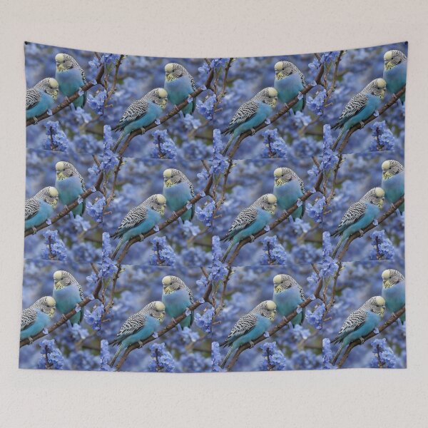 Item preview, "Tranquil Harmony: Blue and Yellow Budgies in a Blue Blossom Tree" designed and sold by A-Work-Of-Art.