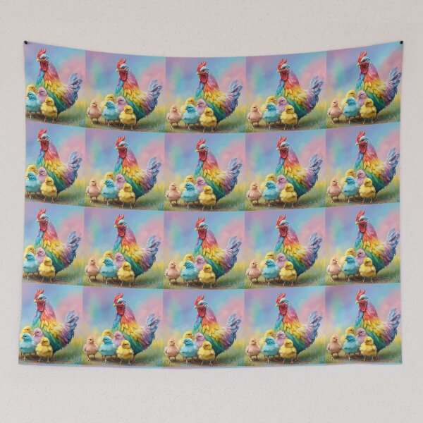 Item preview, "Rainbow Nest: Mama Hen and Her Pastel Chicks" designed and sold by A-Work-Of-Art.