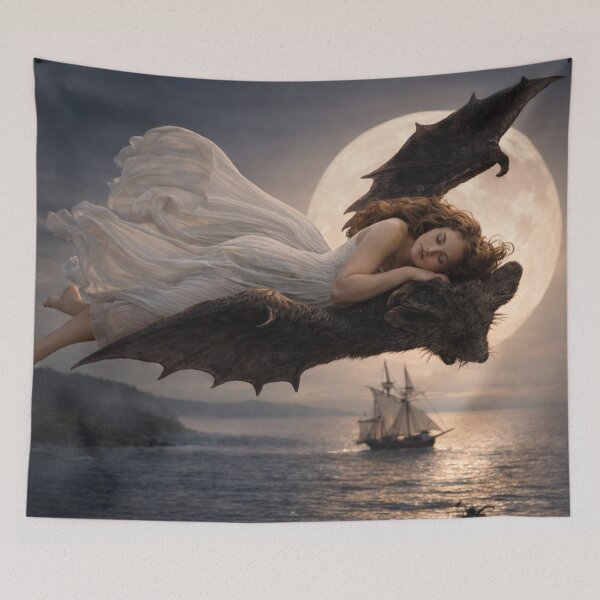 Item preview, Flying Bat Surreal Fantasy Woman in Moonlight Illustration for Gothic & Fantasy Lovers designed and sold by RickE.