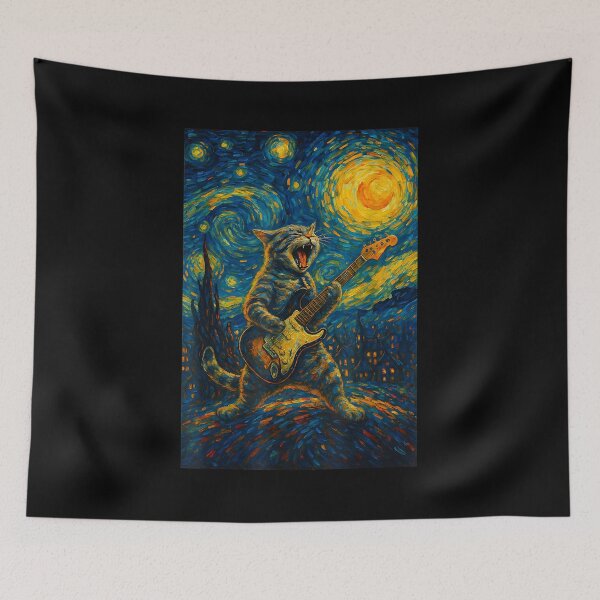 Item preview, Cat Playing Guitar Star Rock and Roll Cat Lover Art designed and sold by Cheesymatiion.