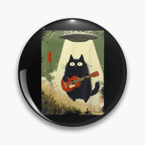 Item preview, Black Cat Playing Guitar Abducted Alien UFO Funny Japanese designed and sold by Cheesymatiion.