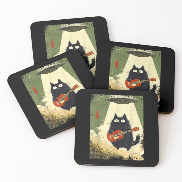 Item preview, Black Cat Playing Guitar Abducted Alien UFO Funny Japanese designed and sold by Cheesymatiion.