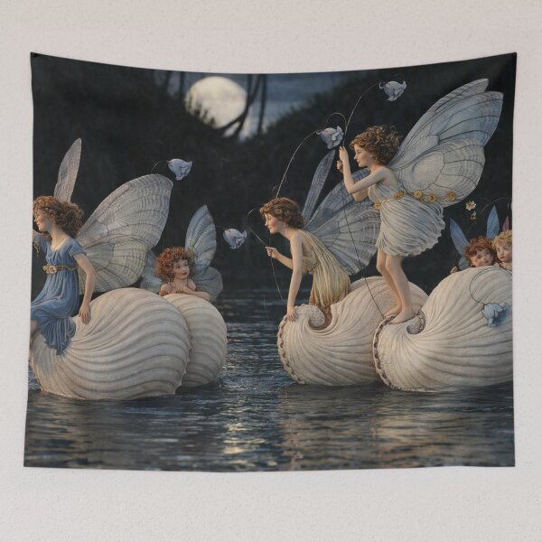 Item preview, Moonlit Fairy Fantasy Art – Seashell Fishing Pixies Scene – Whimsical Art Lovers designed and sold by RickE.