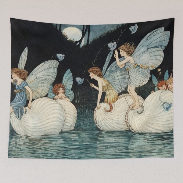 Item preview, Moonlit Fairy Fantasy Art – Seashell Fishing Pixies Scene – Whimsical Art Lovers designed and sold by RickE.