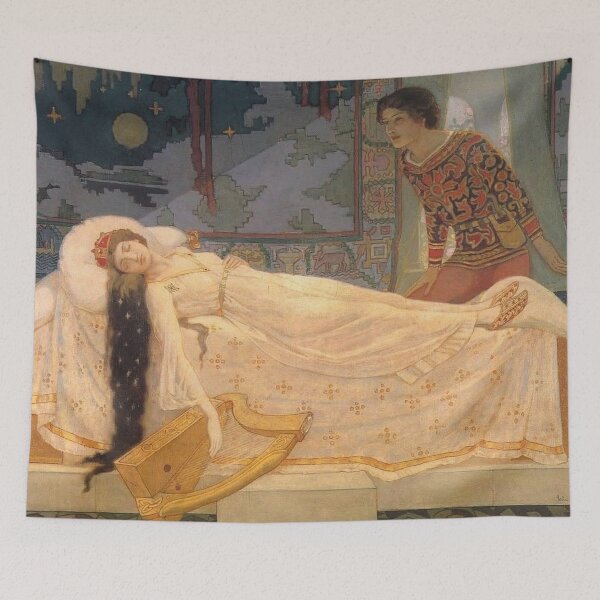 Item preview, Pre-Raphaelite Sleeping Beauty Painting – Medieval Romance Scene – Fairy Tale Art Lovers designed and sold by RickE.