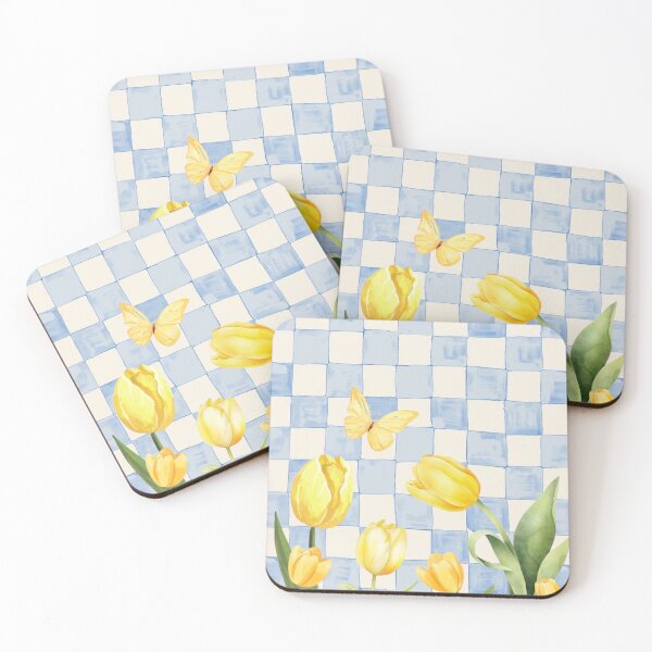 Item preview, Tulipanes amarillos de acuarela sobre un patrón de cuadros azules designed and sold by Studio Elven.