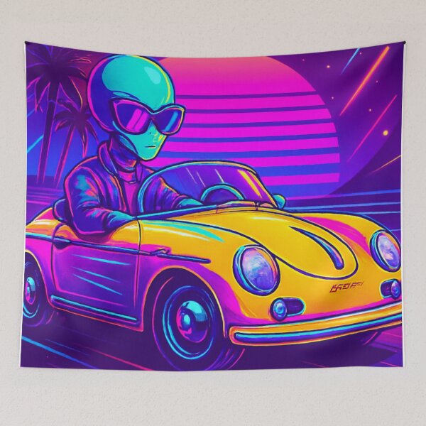 Item preview, Neon Alien Joyride – Synthwave Speedster designed and sold by LuxuryApparels.