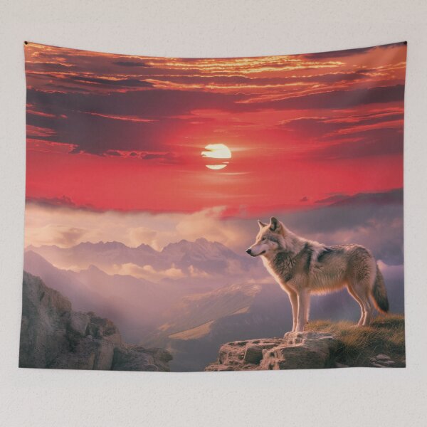 Item preview, Lone wolf on rocks against an alpenglow panorama designed and sold by Mauswohn.