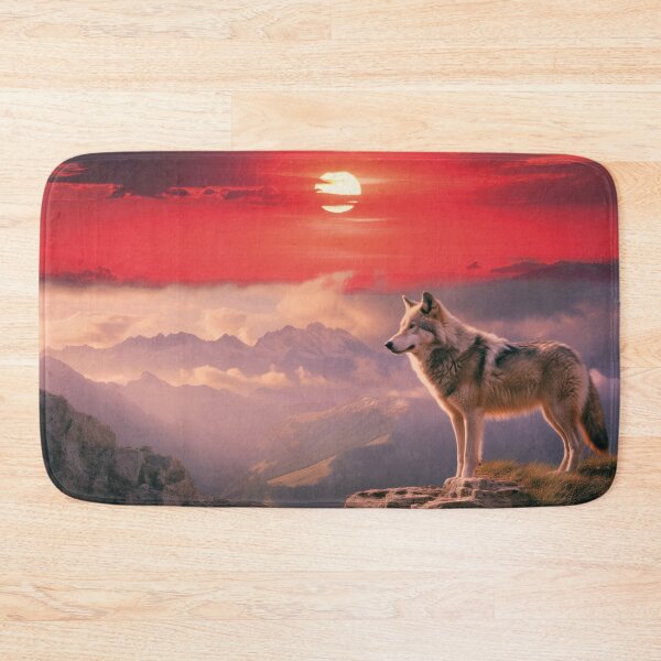 Item preview, Lone wolf on rocks against an alpenglow panorama designed and sold by Mauswohn.
