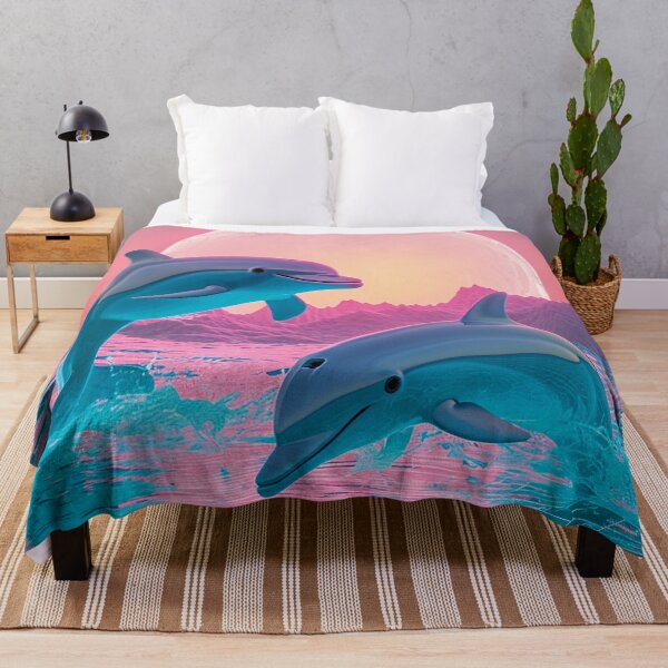 Item preview, Jumping dolphins in front of a full moon in vaporwave style designed and sold by Mauswohn.