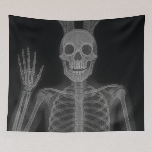 Item preview, Skeleton with rabbit ears waving X-ray image art designed and sold by Mauswohn.
