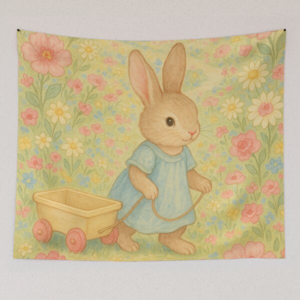 Item preview, Cute bunny with a wagon in a flower meadow designed and sold by Mauswohn.