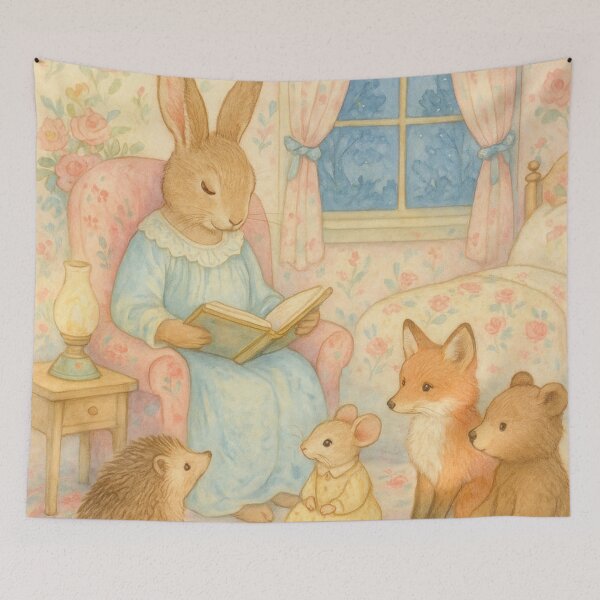 Artikelvorschau, Hase liest Waldtieren im Kinderzimmer Geschichten vor entworfen und verkauft von Mauswohn.