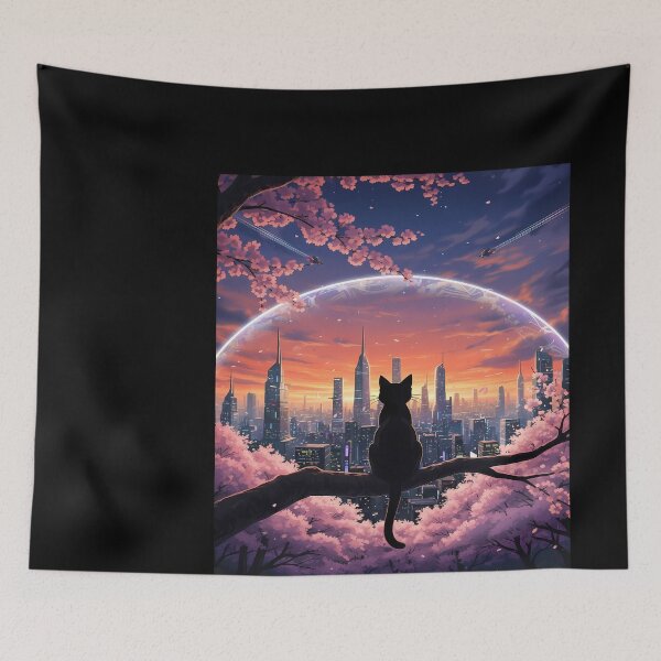Item preview, Black Cat Overlooking Futuristic Cityscape designed and sold by martinbrochard.