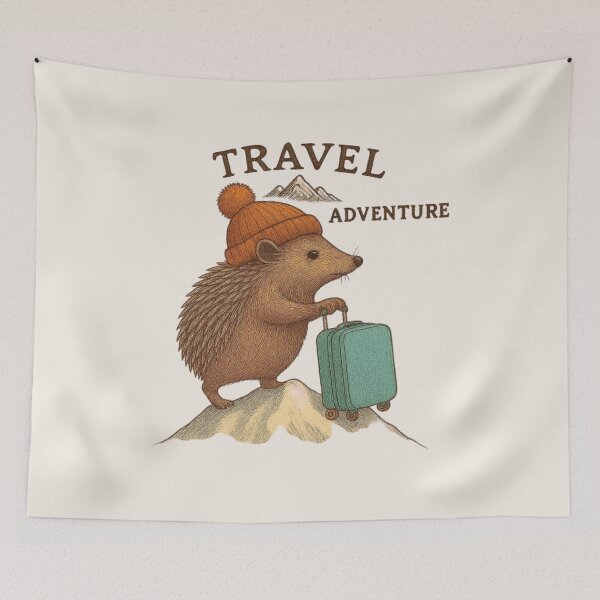 Item preview, Cute Hedgehog on Snowy Mountain with Luggage – Kawaii Travel Adventure designed and sold by Aloloco.