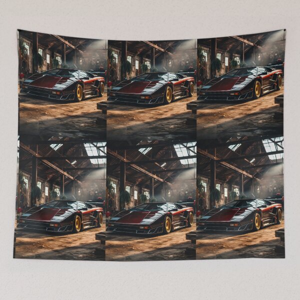 Item preview, Classic Retro Supercar Resting In A Dark Industrial Warehouse Garage designed and sold by RevUpDesign.