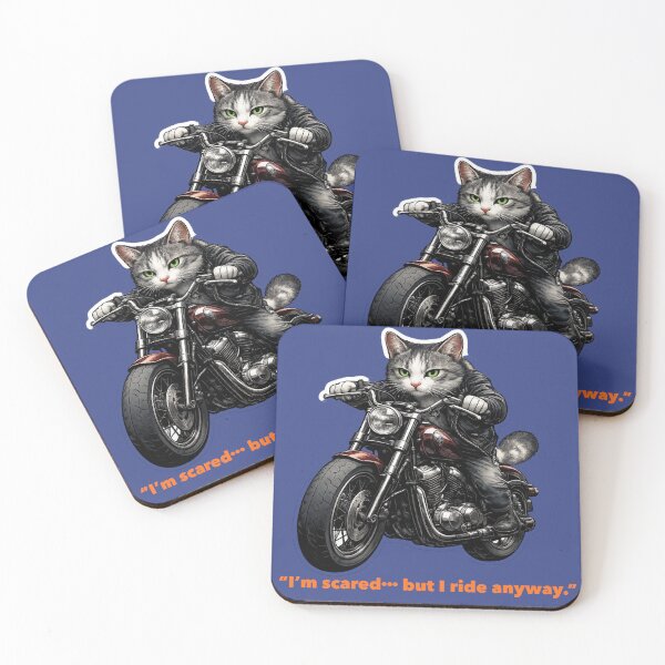 Item preview, Scared but Still Riding – Brave Biker Cat Motorcycle Art designed and sold by Ahirukana.