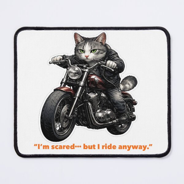 Item preview, Scared but Still Riding – Brave Biker Cat Motorcycle Art designed and sold by Ahirukana.