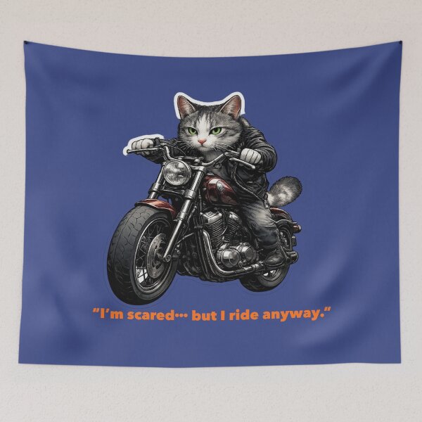 Item preview, Scared but Still Riding – Brave Biker Cat Motorcycle Art designed and sold by Ahirukana.