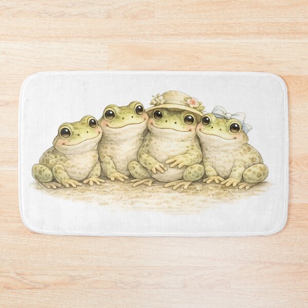 Item preview, Baby Frog Quartet – Vintage Cottagecore Bath Mat Design designed and sold by TatiannasMeadow.