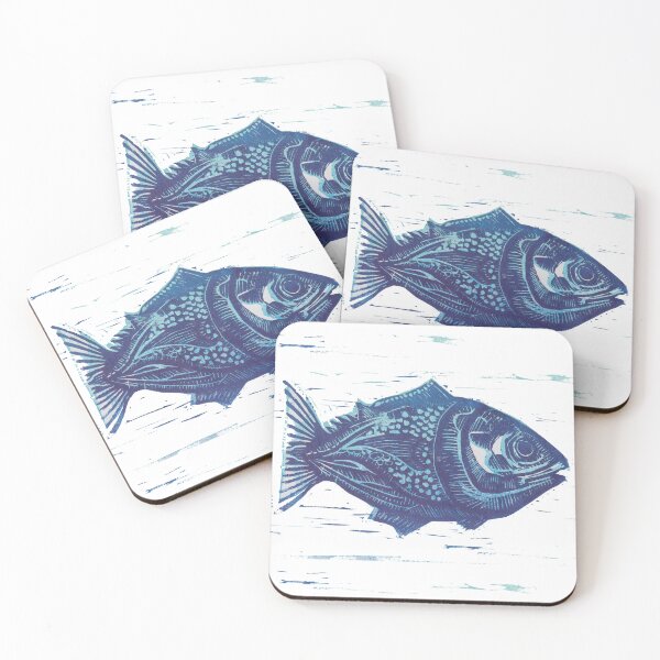 Item preview, Blue fish linocut print designed and sold by puzzlegifts.