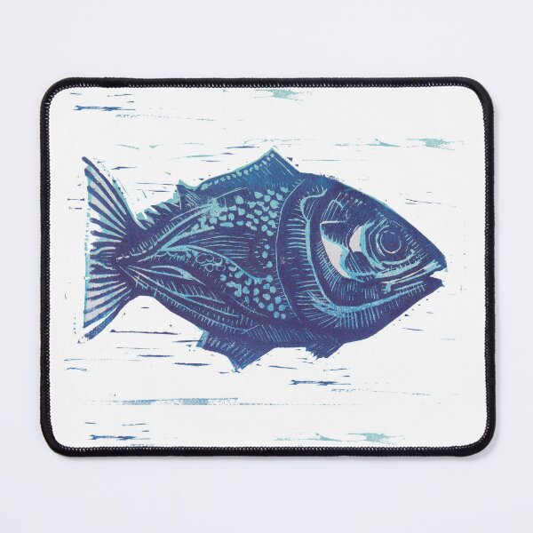 Item preview, Blue fish linocut print designed and sold by puzzlegifts.