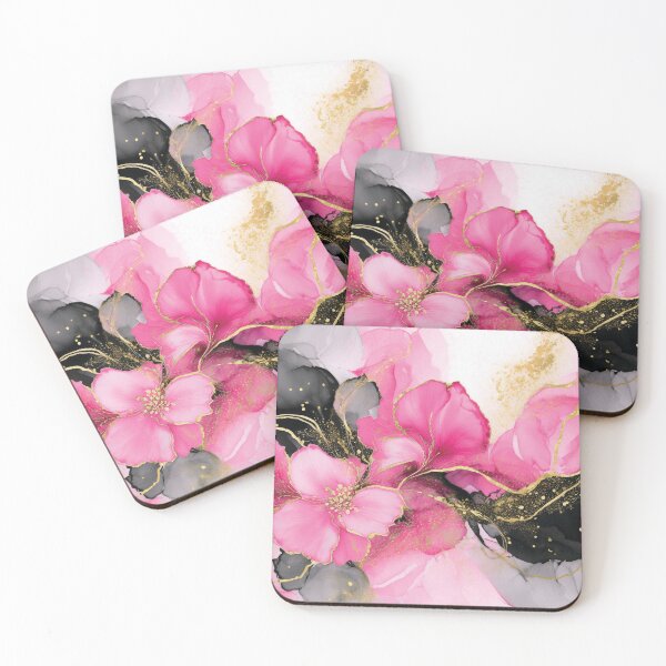Item preview, PINK gold and black VINTAGE Fluid art botanicals, pink and gold watercolour abstract artwork, blush pink alcohol ink effect, pastel pink floral spring painting  designed and sold by navitalidesign.