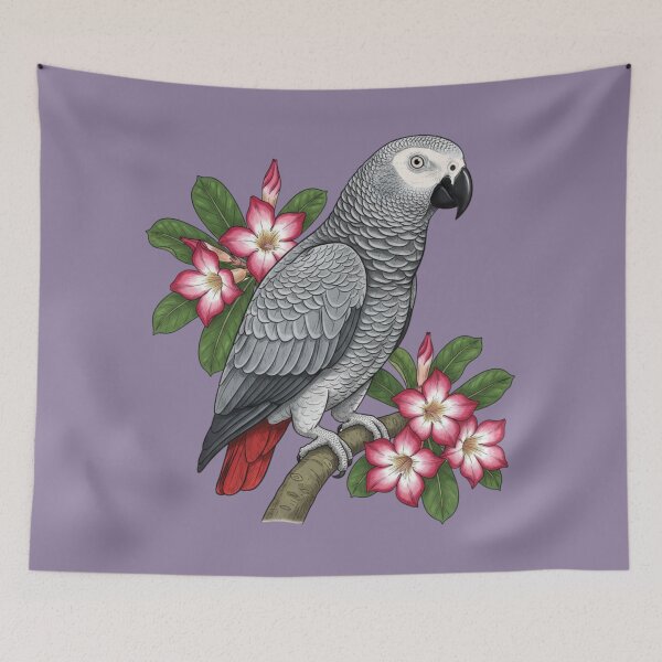 Item preview, African Grey Parrot and Desert Rose Botanical Illustration designed and sold by BirdsnStuff.