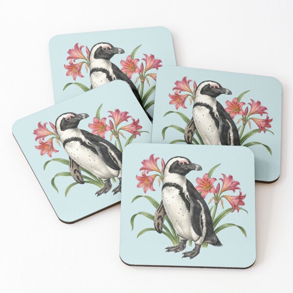 Item preview, African Penguin and Pink Cape Lily Illustration designed and sold by BirdsnStuff.